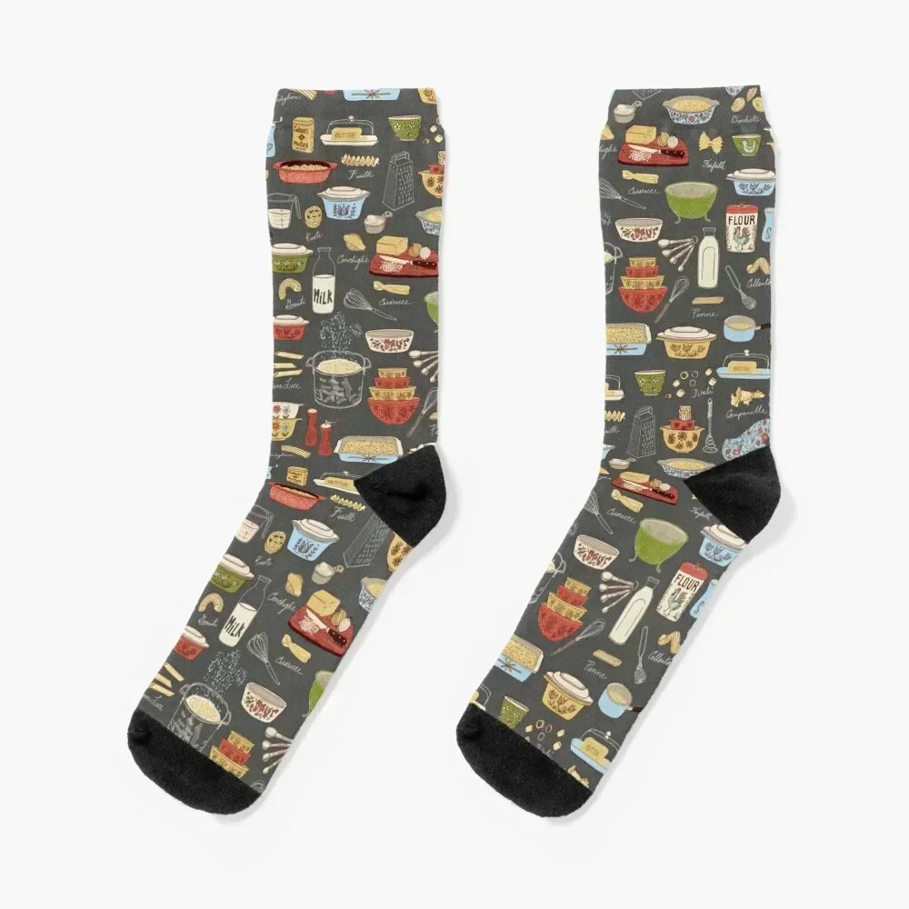 Retro macaroni and cheese casserole print Socks loose Antiskid soccer man compression Socks Women Men's