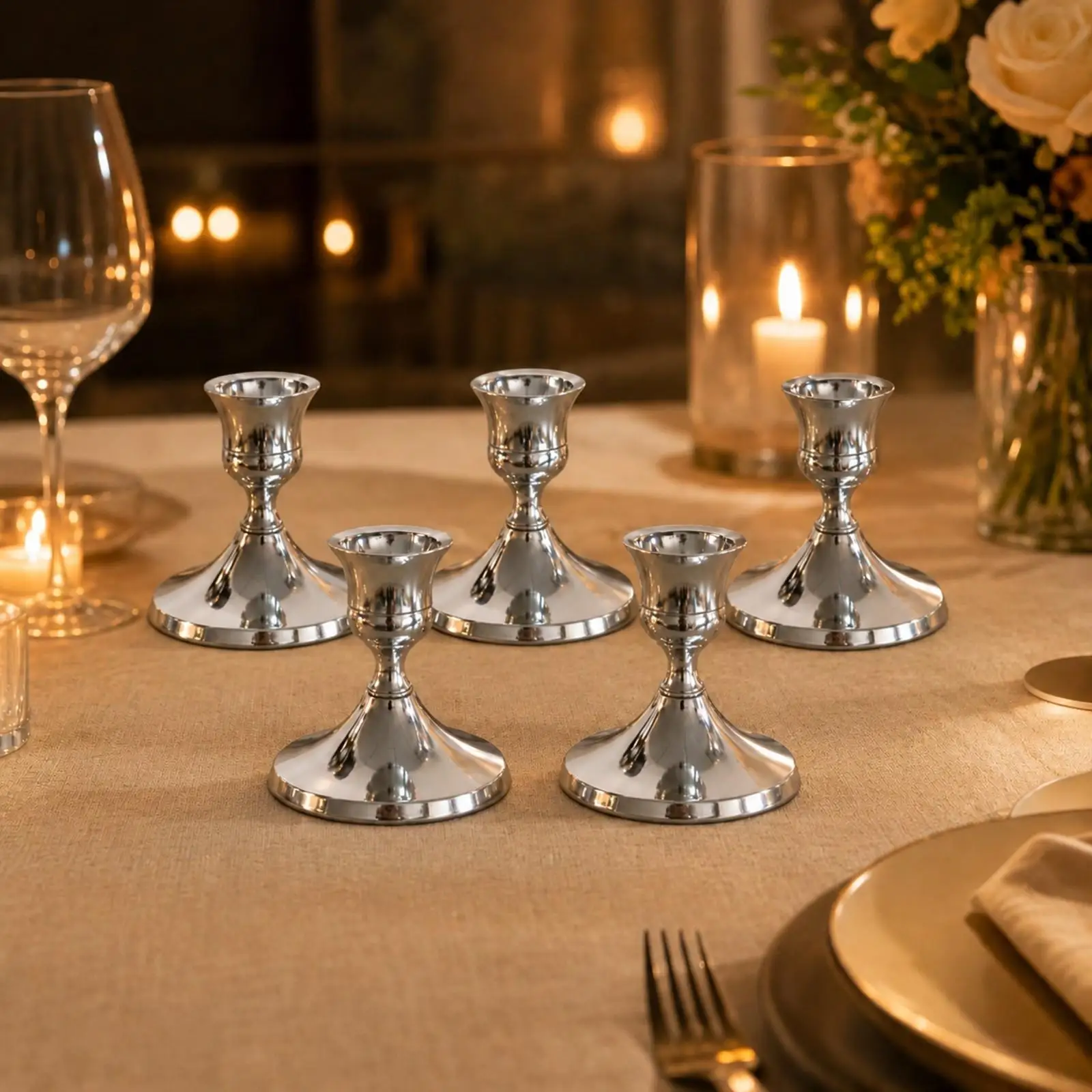 6 Pieces Iron Taper Candle Holder with Round Base Tabletop Short Taper Candle Holder Decor Electroplated Bell-Shaped