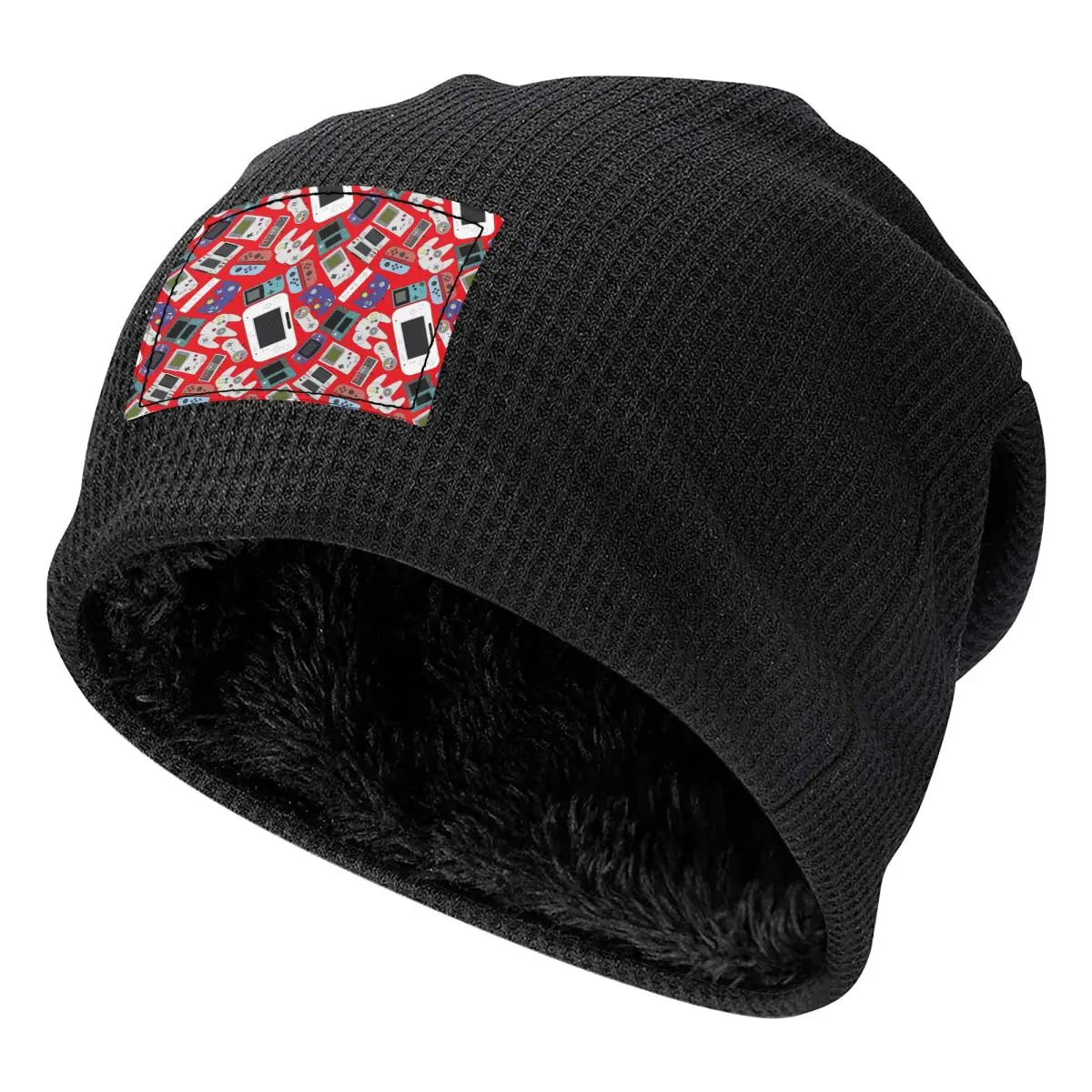 Game Controllers Nintendo Waffle Knit Fleece Lined Beanie with PU Leather Patch Unisex Warm Winter Soft Cap