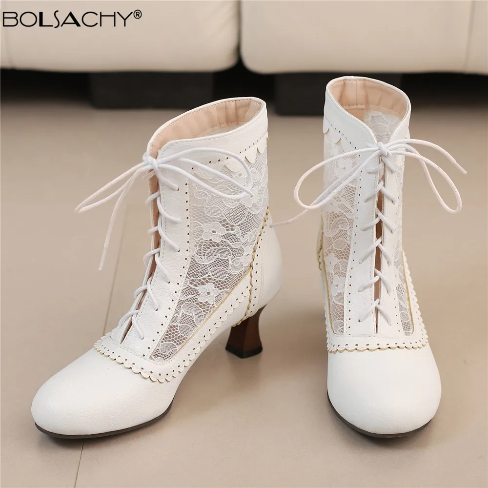 Spring Summer New Lace Up Hollow Mesh Victorian Ladies High Heel Shoes Strange Steampunk Boot Ankle Boots Women Thick Soled