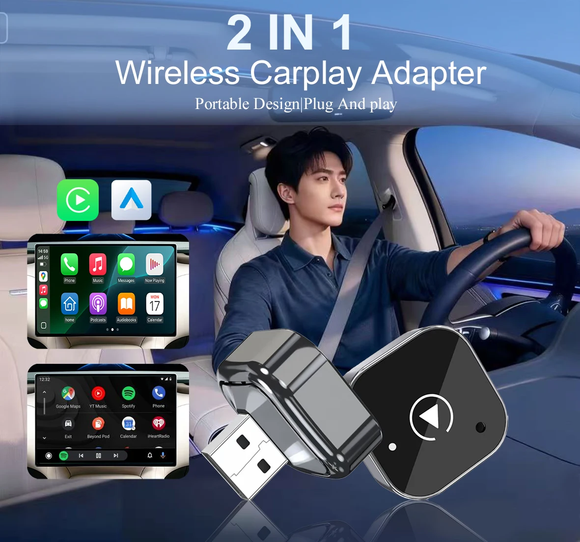 Wireless 2 in 1 Carplay Dongle Android Auto Adapter AI Smart Box Plug Play For Car With Wired CarPlay Car Intelligent Systems