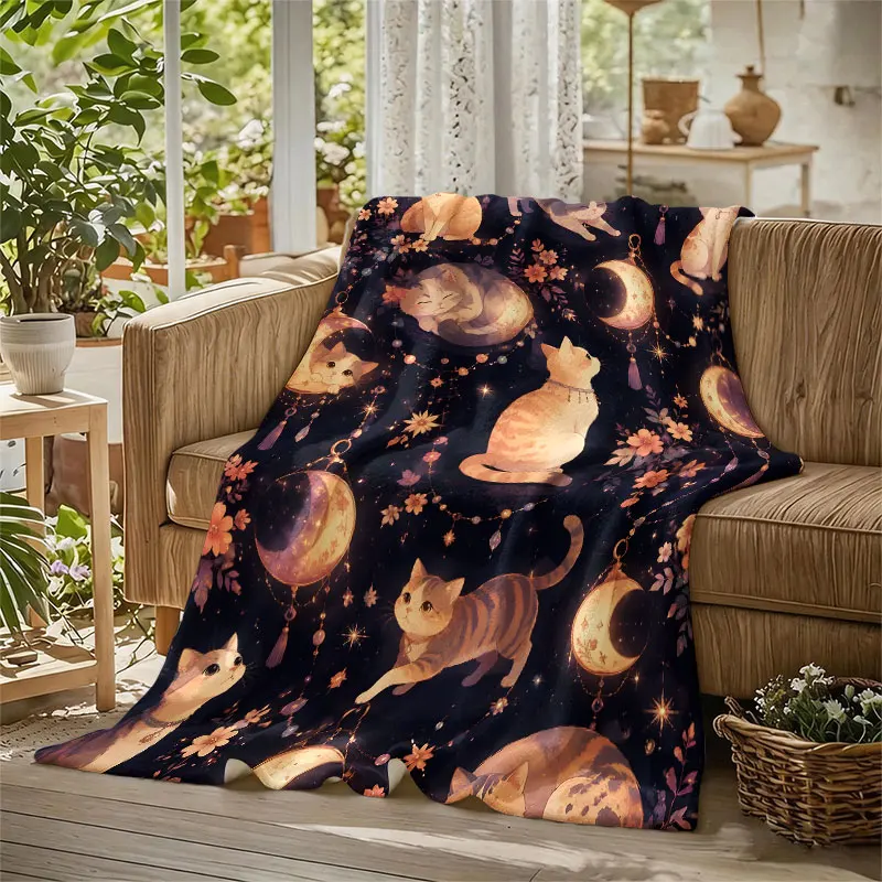 Cats Moon Lanterns Night Flannel Blanket Perfect for Sofa Office Bed Travel Sleep Read Relax Camping Four Season Use