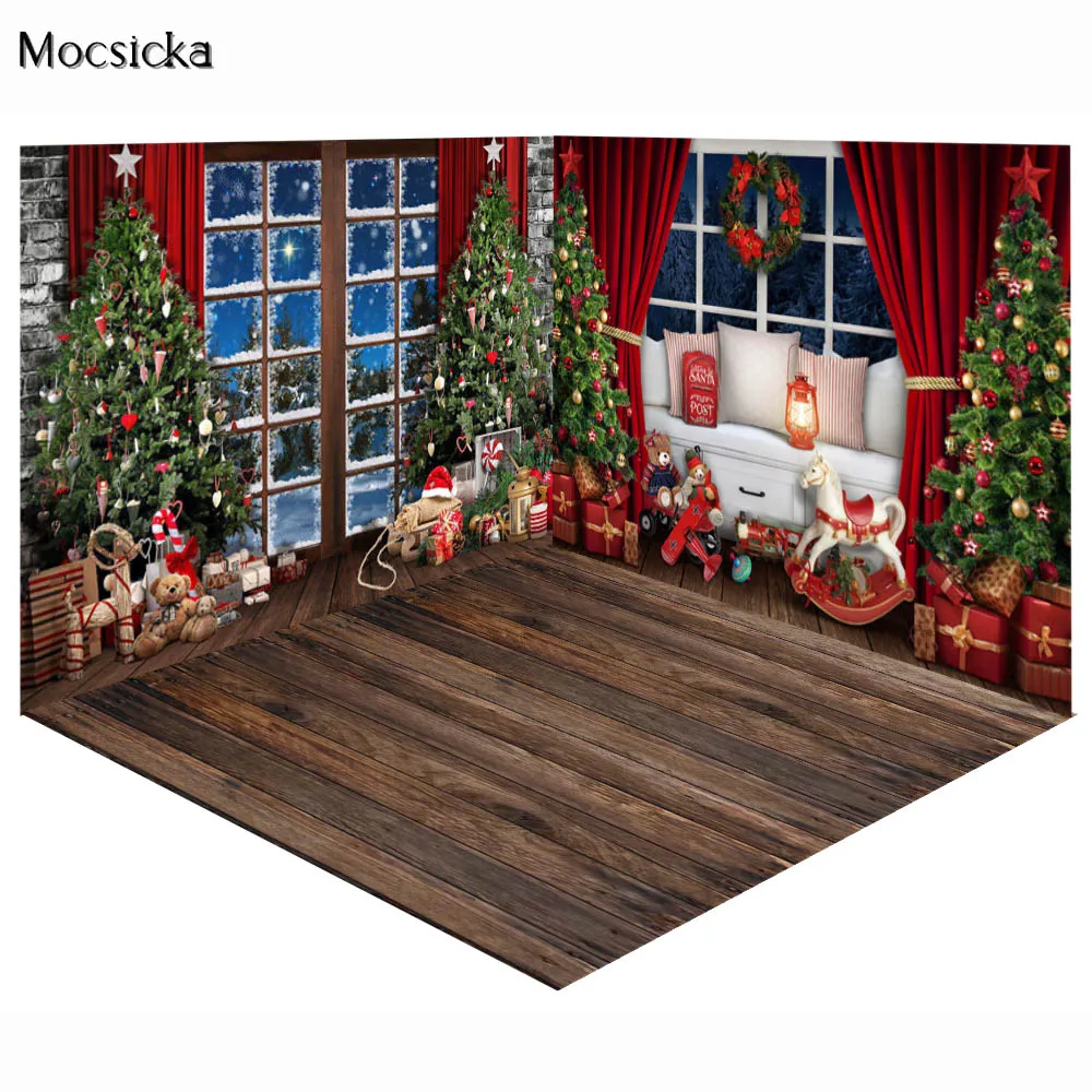 Mocsicka Christmas Room Window Backdrops For Photography Trojan Horse Winter Xmas Tree Famliy Portrait Background Photo Studio