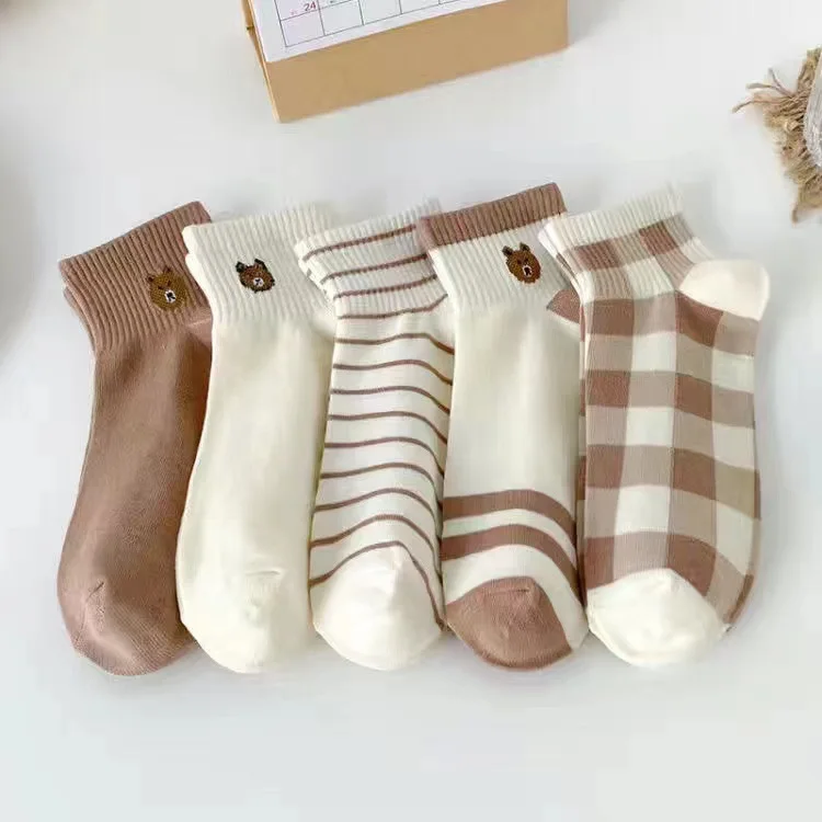 Conjunto de calcetines de tubo bajo para mujer, patrón de oso a rayas, lindo oso, estilo de moda informal, cómodo para mujer, 5 pares