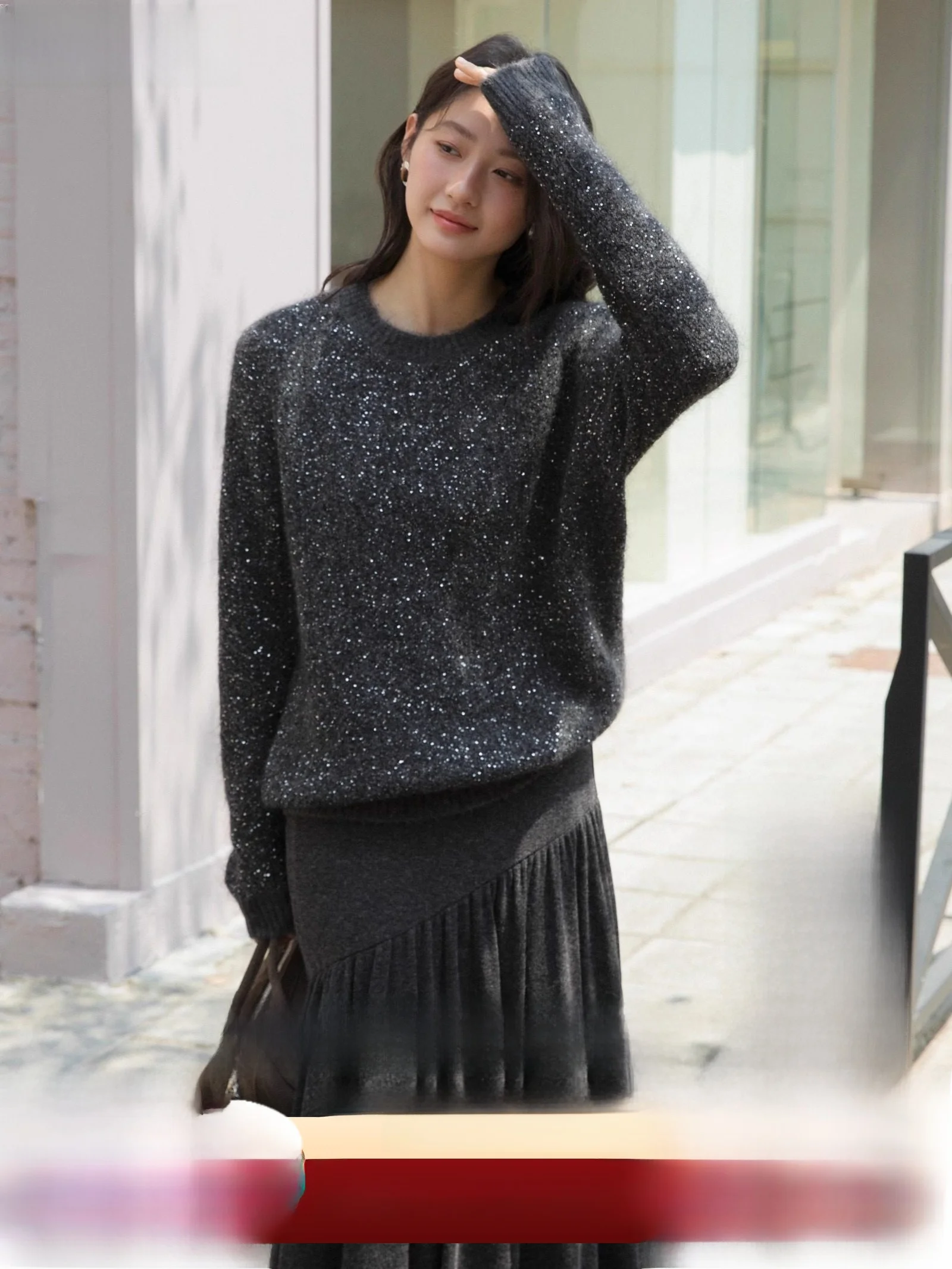 

Ele Luxury round Ne Camere Blend Wool Sweater Soft iny Sequins ey Street Sle Loose Fit Knitted Long Sve