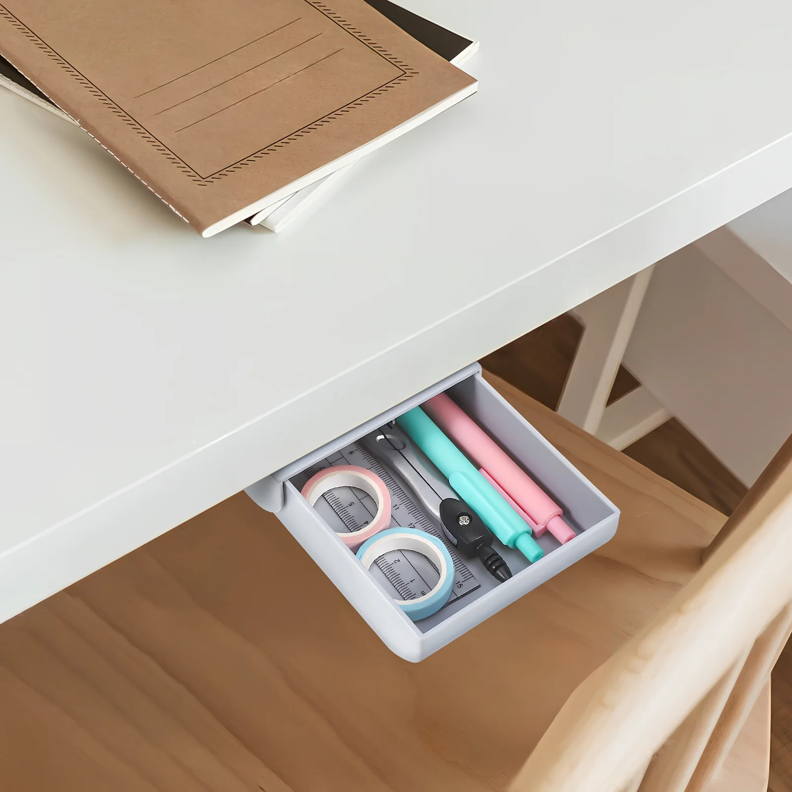 2Pcs Office Table Bottom Organizer Adhesive Pen Box with Drawer Hidden Storage for Small Items Rulers Files Jewelry Stationery