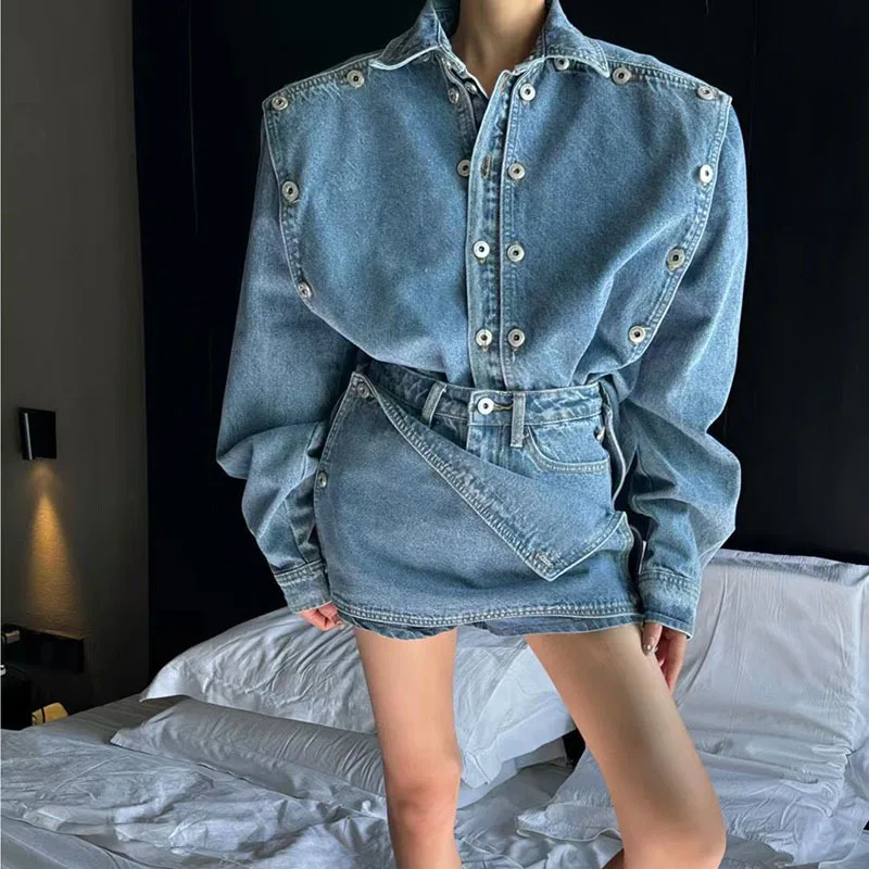 Spring Fashion Ladies 2 Pieces Set Long Sleeve Double Breasted Jean Jackets & Mini Shorts Skirt Vintage Women Denim Set