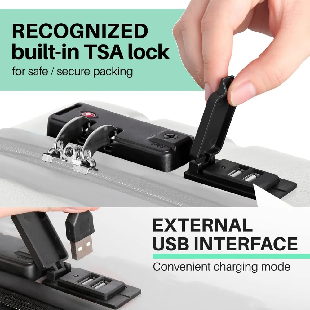Equipaje rígido de ABS liviano con USB, ruedas, cerradura TSA - Maleta grande blanca de 28 pulgadas para viajes