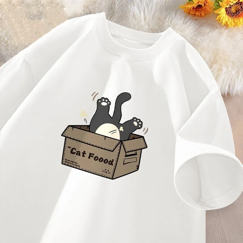 

Men's Japanese-style Popular Style Cartoon Kitten Print T-shirt Summer Street Clothing Hip-hop Casual Short-sleeved Tops Unisex