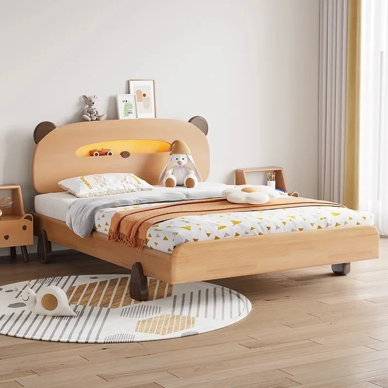 All solid wood beech with lamp, simple boy and girl Nordic cartoon single 1.2 meters bear bed