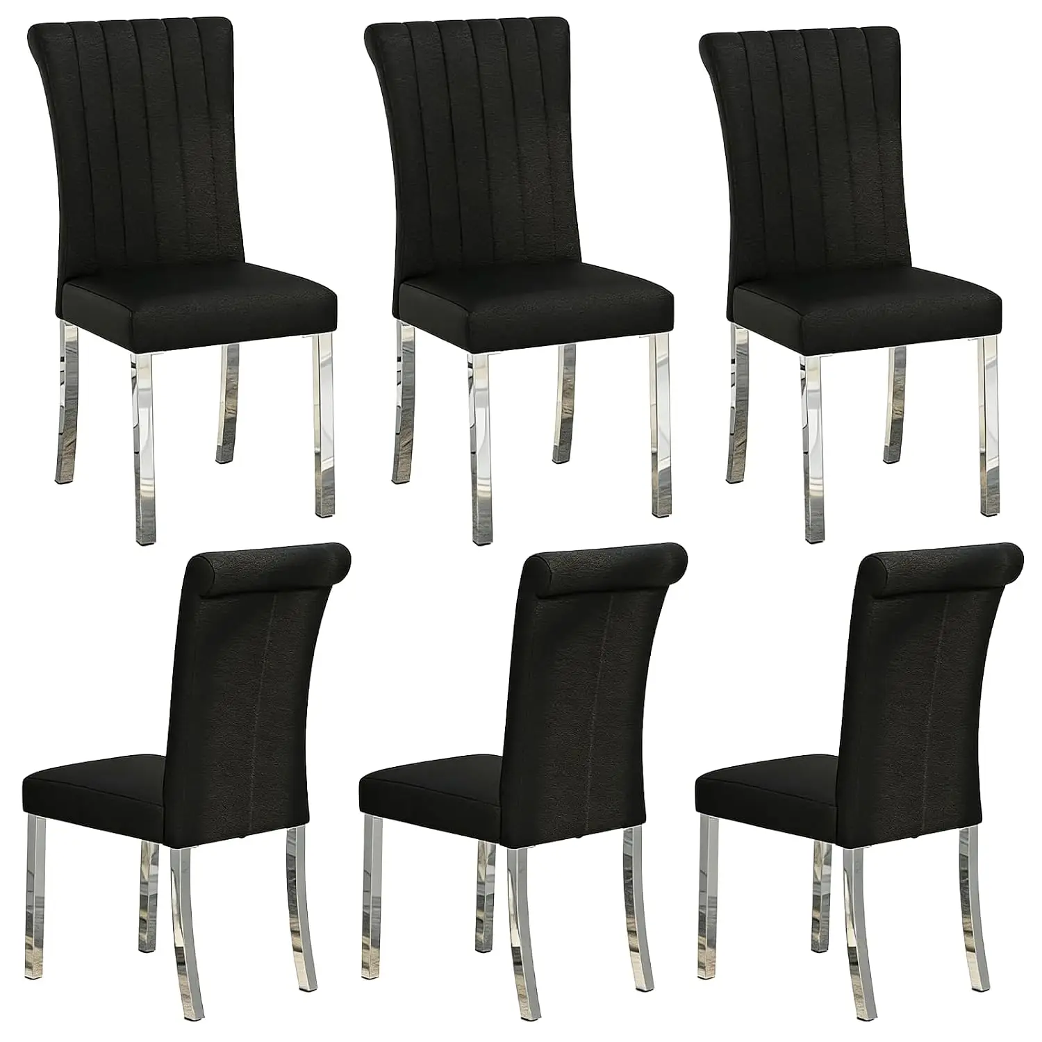 Black & Silver Dining Chair Set of 6, Modern Faux Leather High Back with Chrome Legs for Kitchen, Living Room, Customized