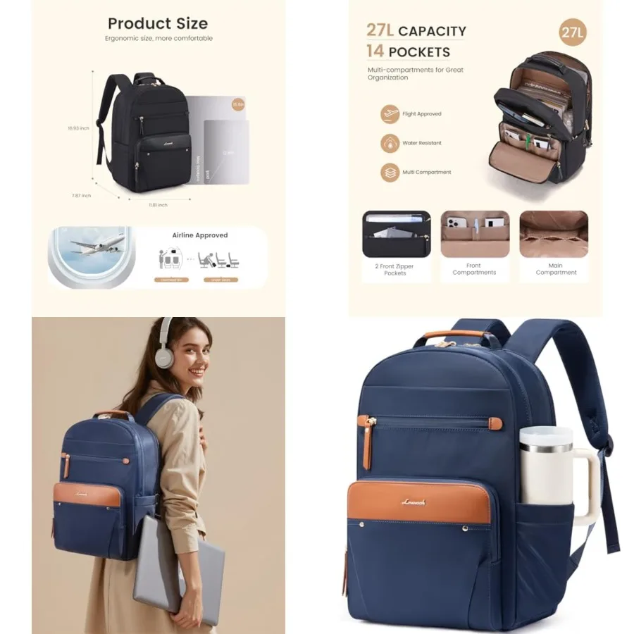 

Laptop Backpack for Women with Leather Trim and Tumbler Pockets,"Work Backpack Purse, Travel Personal Item Bag, Carry On Busess