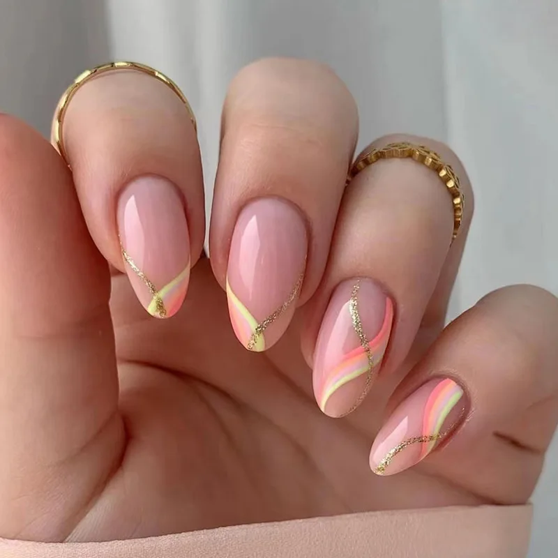 24pcs Press on Nails  Long Almond Black Matte French Style Golden Stripes Reusable Fake Nailfrench Tip Press on Nails