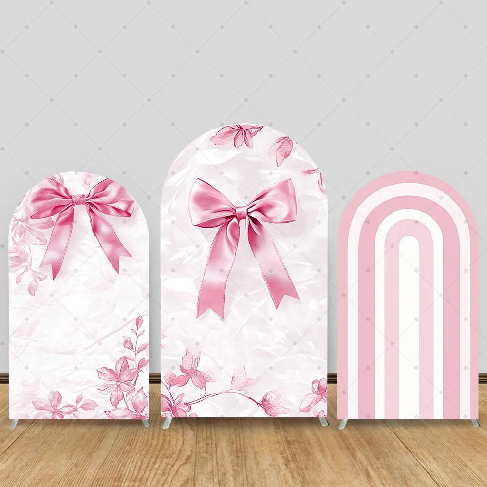

Stripe Arch Backdrop Cover Pink Bow Floral Girl Birthday Arched Background Baby Shower Party Gradient 2-Sided Decors
