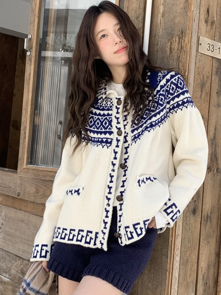 ソフトニットカラーブロフェアアイル柄カーディガンレディース冬新作スリーブセーター快適で居心地の良い春秋