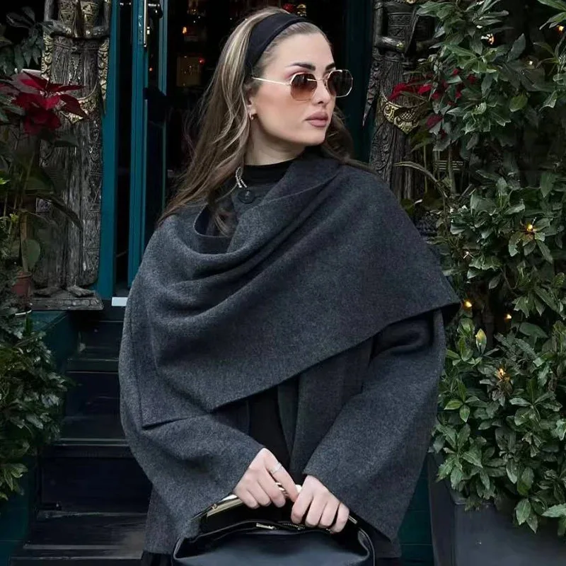 Knit Coat Women Asymmetric Scarf Collar Open Front Long Sleeve Pocket Grey Cropped Loose Thick Warm Elegant Vintage Casual Coat