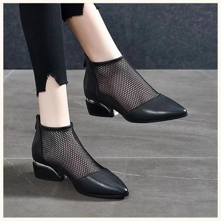 New Arrive Summer Sexy Mesh Ankle Boots 2024 Pointed Toes Low Heels Ladies Short Boots Chunky Heels Spring Back Zipper Shoes