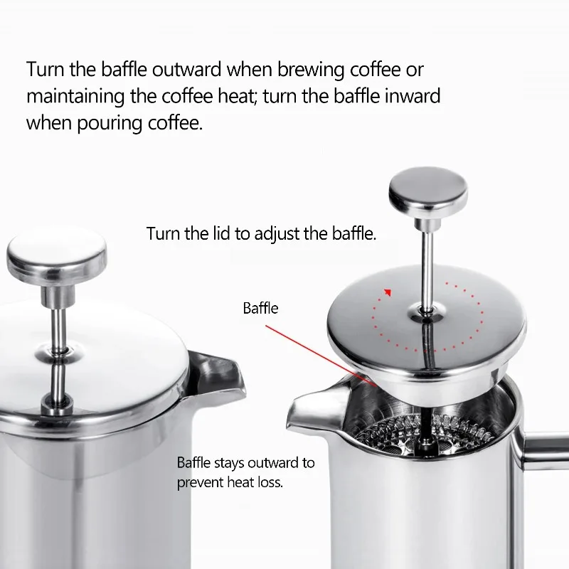 Double-Walled Stainless Steel French Press Coffee Pot – 350/800/1000ml Insulated Brewer