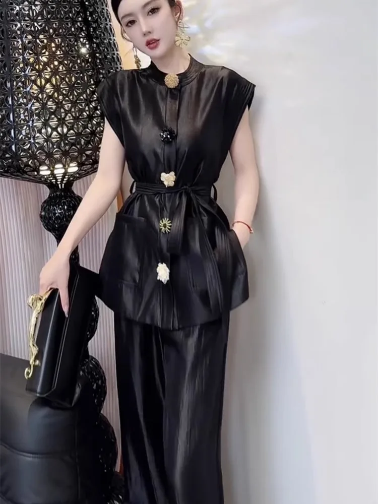 2025 Estate nuova moda sottile fascia alta leggera lusso industria pesante top camicia pantaloni casual dritti set per le donne