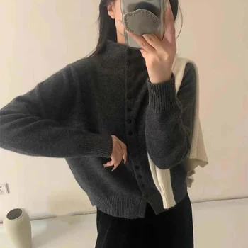 New Soft Comfortable Stand-Up Collar Sweater Cardigan Women Simple Single Breasted Cardigans Coat Autumn Solid Knitted Outerwear 2