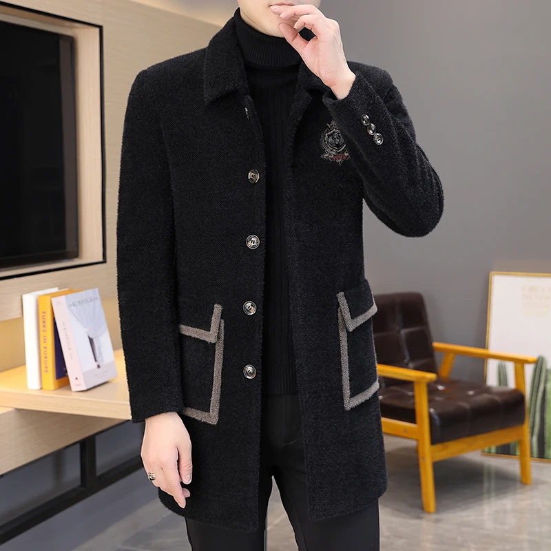 2022 Winter Imitation Mink Velvet Wool Blends Jacket Men Casual Business Long Coat Social Streetwear Slim Overcoat Windbreaker