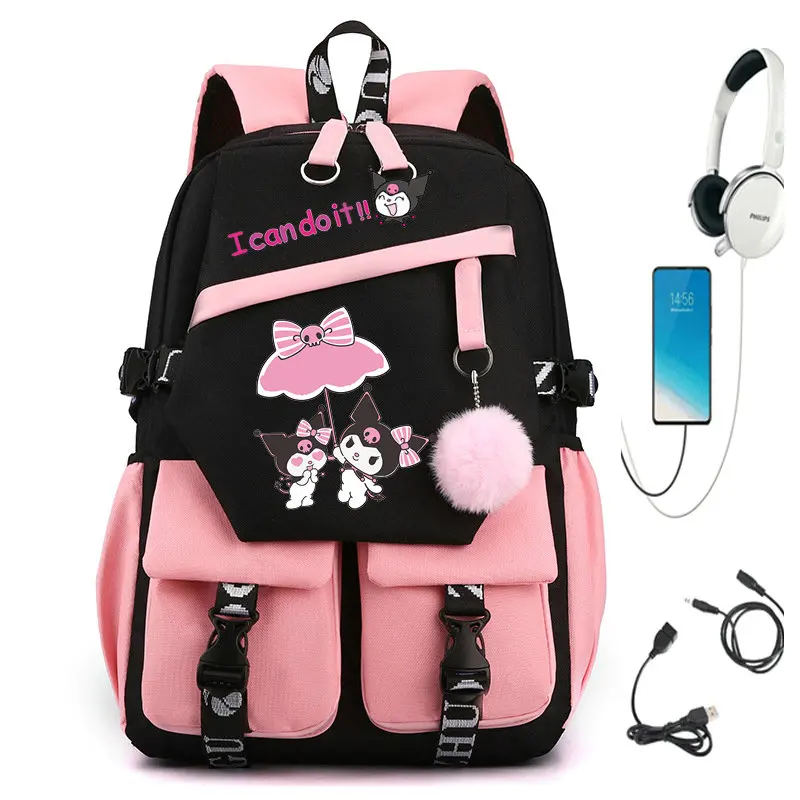 MINISO Backpack Lovely Kuromi Student School Backpack USB Charge School Bag Teenager Girls Boys Children's Backpack