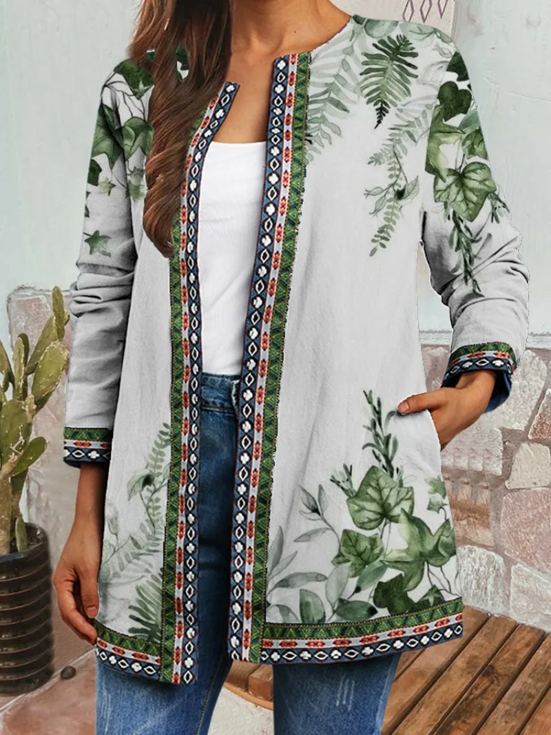 Women\'s Fashion Leisure Retro Ethnic Style Printed Long Sleeved Jacket  Cardigan Women\'s Top