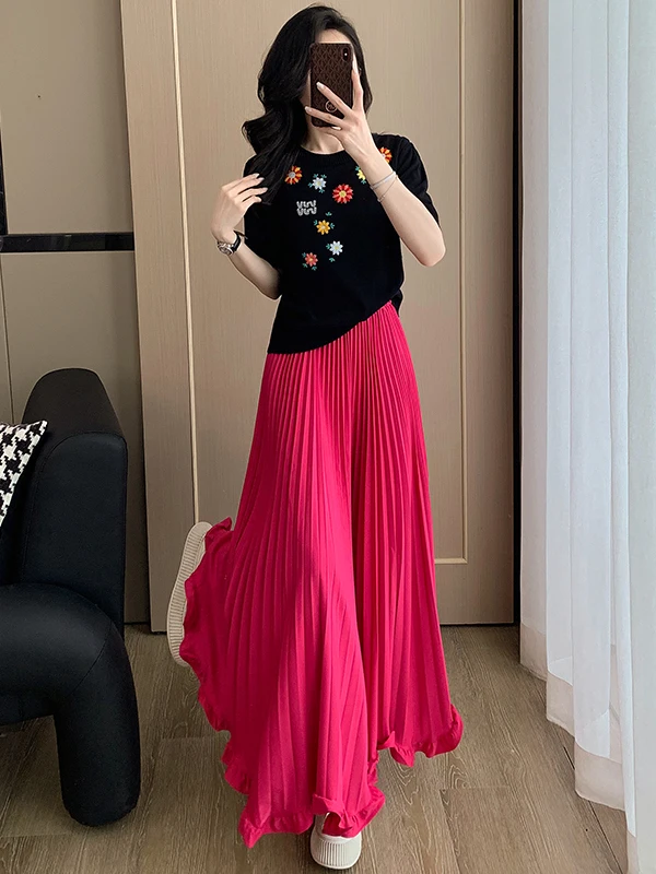 

Элегантный модный костюм-двойка: черная футболка с коротким рукавом и розовая юбка для женщин, хлопковый, с круглым вырезом, повседневная спортивная одежда