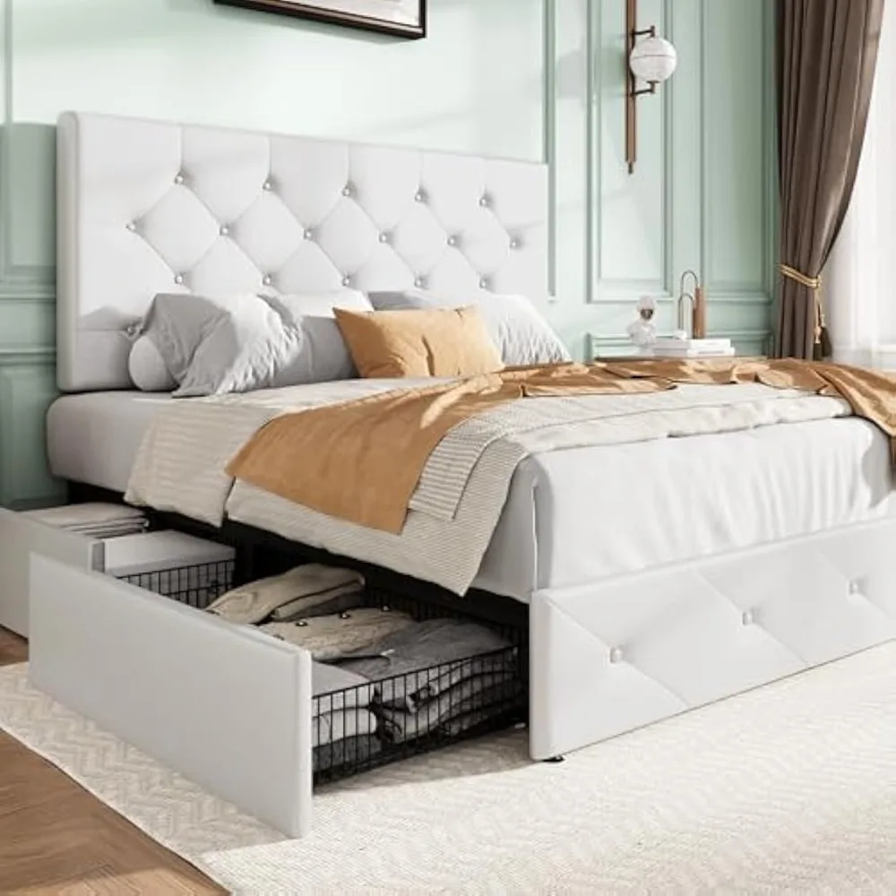 

Upholstered Queen Size Platform Bed Frame with 4 Storage Drawers, Adjustable Headboard with Diamond Stitched Button