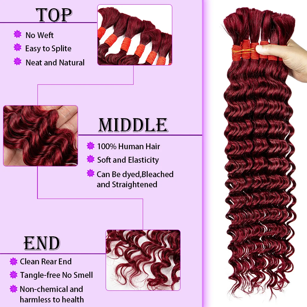 Burgundy 28Inches Deep Wave Human Braiding Hair Curly Human Hair Braiding Hair 100 Percent Human Braiding Hair for Boho Braids