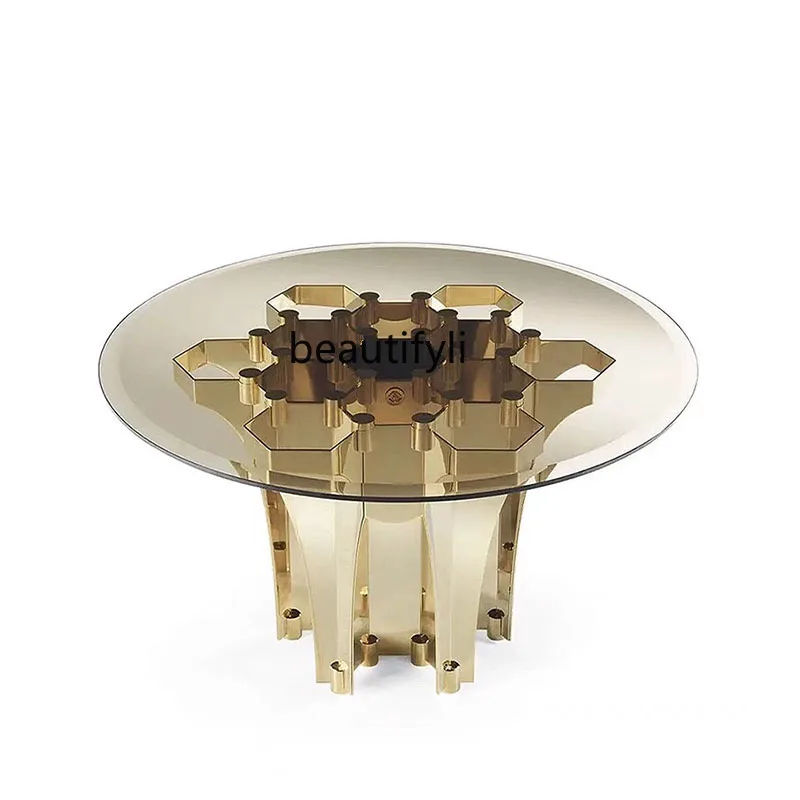 

Italian light luxury stainless steel round table modern simple living room home high-end creative design tempered glass edge
