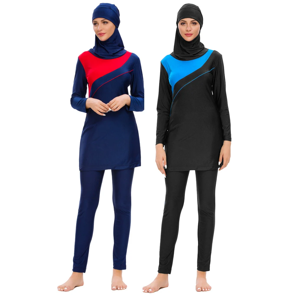 

Summer new Burkini Muslim women's swimsuit long sleeve beach wear blue and red patchwork vacation wear diving suit surfwear