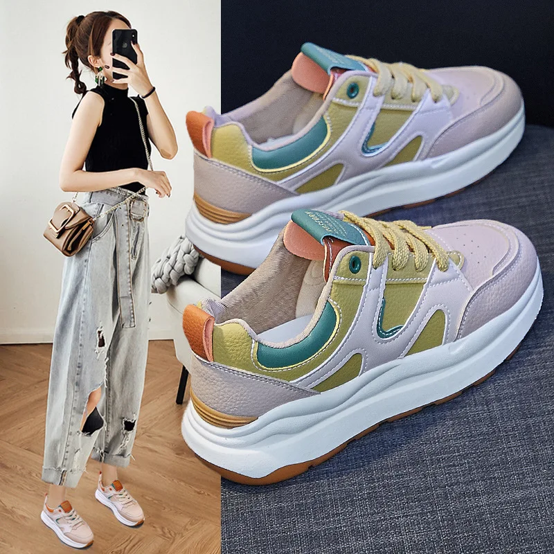 Spring Shoes for Women Fashion Sneakers Leather Casual Sport Shoes Girl Hot Mixed Colors Athletic Shoes