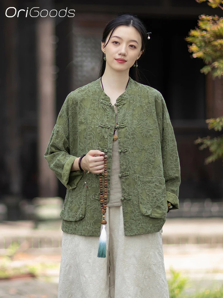 OriGoods JACQUARD Stoff Bluse Baumwolle Leinen Chinesischen Stil Lose Fit Jacquard Kleidung Mantel Herbst Vintage Shirt Frau Top C140