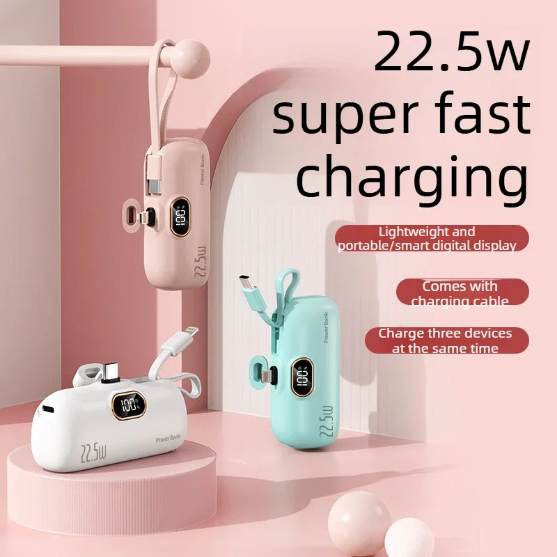

Capsule power bank 5000mAh mini ultra-thin, compact and portable with its own cable Android PD fast charging mobile power supply