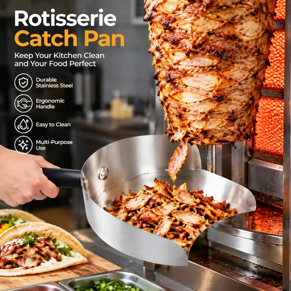 Ergonomic Handle Rotisserie Catch Pan Stainless Steel Drip Catcher Stainless Steel Meat Catcher Silver Grill Meat Catcher