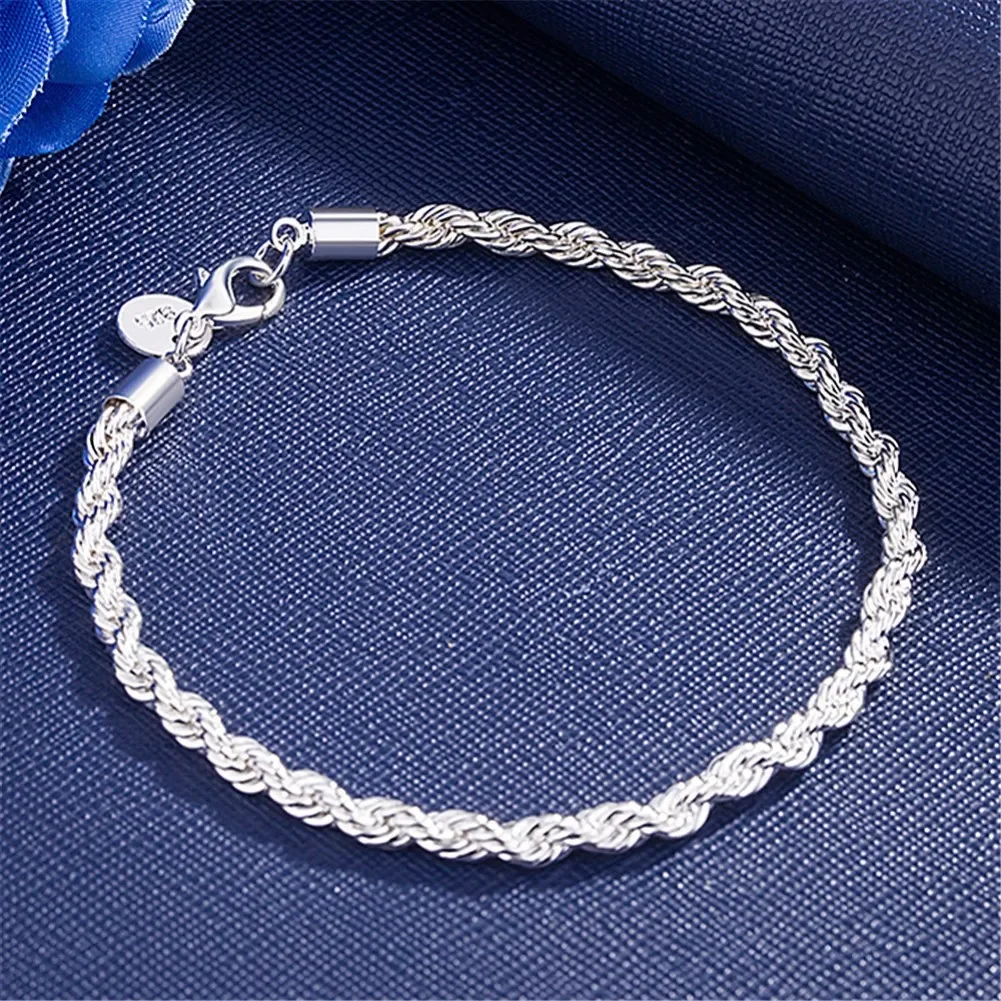 

New Fashion Jewelry 4mm 925 Sterling Silver Classic Twisted Rope Chain Bracelets For Women Men's Wedding Party Christmas Gifts