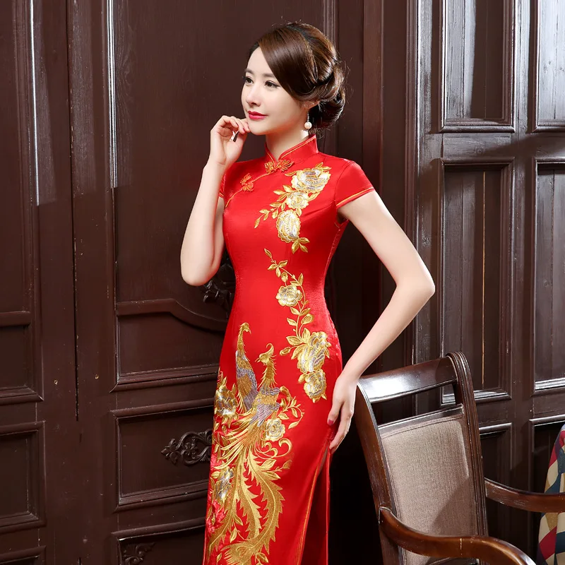 

New Long Cheongsam Brocade Split Performance Stage Show Party Slim Retro