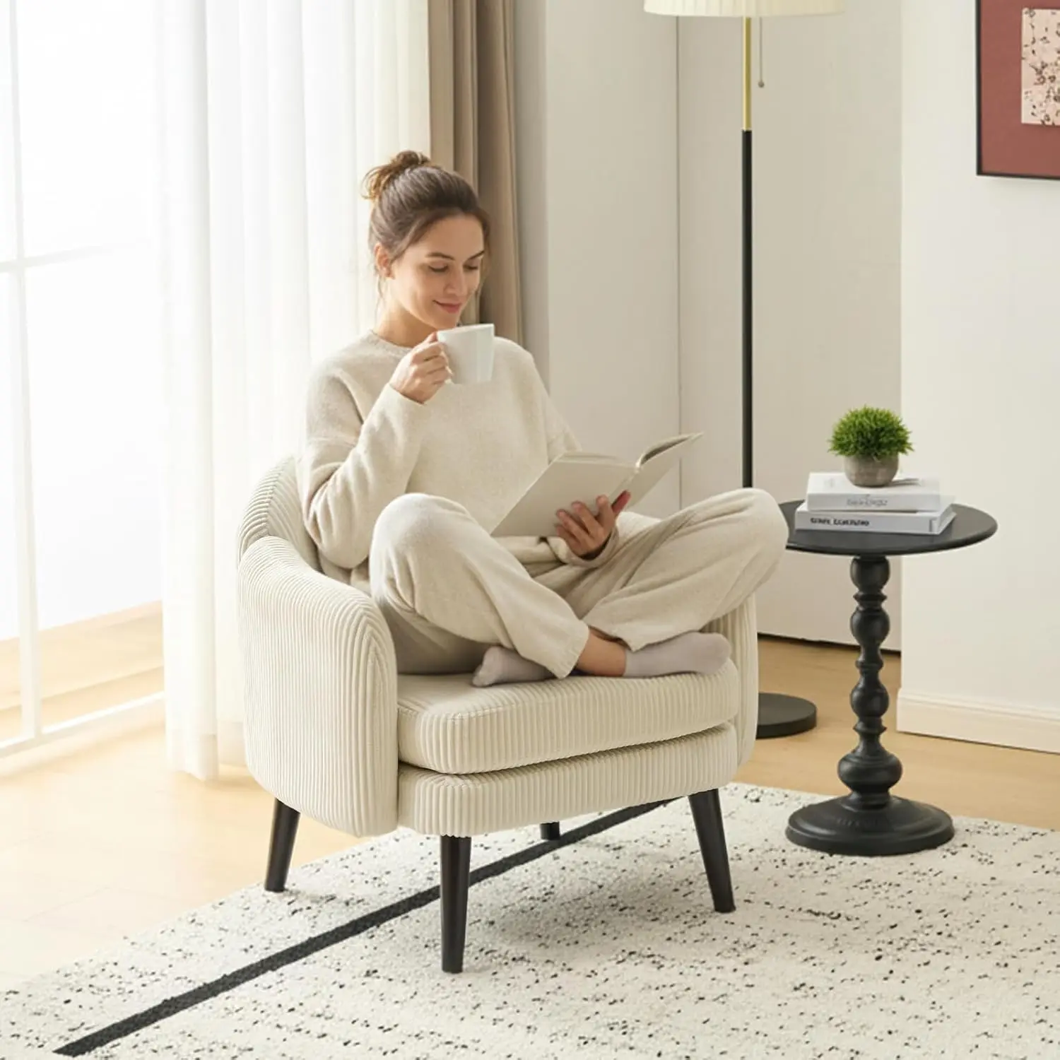 Modern Barrel Accent Armchair, Track Armrest, Wooden Legs, Upholstered Club Chair, Single Sofa for Living Room Bedroom, Corduroy