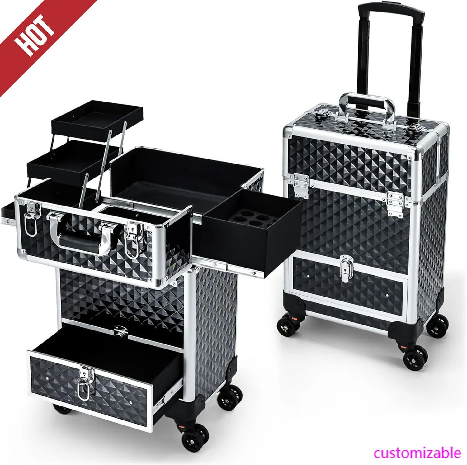 

НОВЫЙ Косметический чемодан-тележка на колесах с выдвижными ящиками и 4-мя секциями для хранения, для путешествий, салонов красоты и парикмахерских