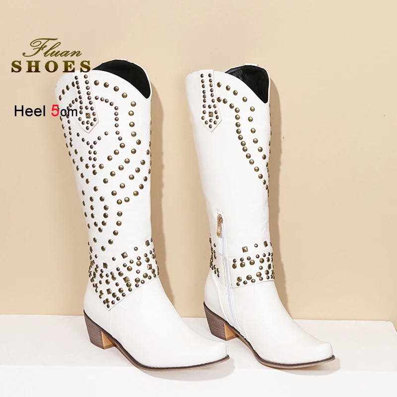 

White Tall Boots Women 5CM High Heels Spring Autumn Fashion Rivet Western style Cowboy Boots Slip On Large Size Shoes For Female