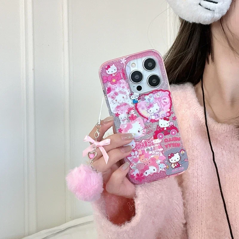 Śliczne kreskówkowe Sanrio Y2K Hello Kitty Bling brokatowe etui na telefon iPhone 15 14 13 12 11 Pro Max etui odporne na wstrząsy twarde etui IMD