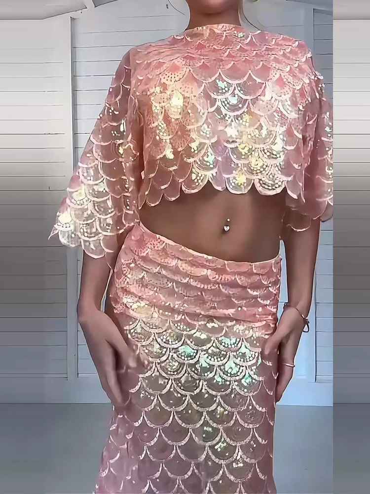 

Sexy O-neck Crop Top+Half Skirt Two-piece Set Temperament Mermaid Short Sleeved Slim Suit Trendy Bright Color Bead Party Outfit