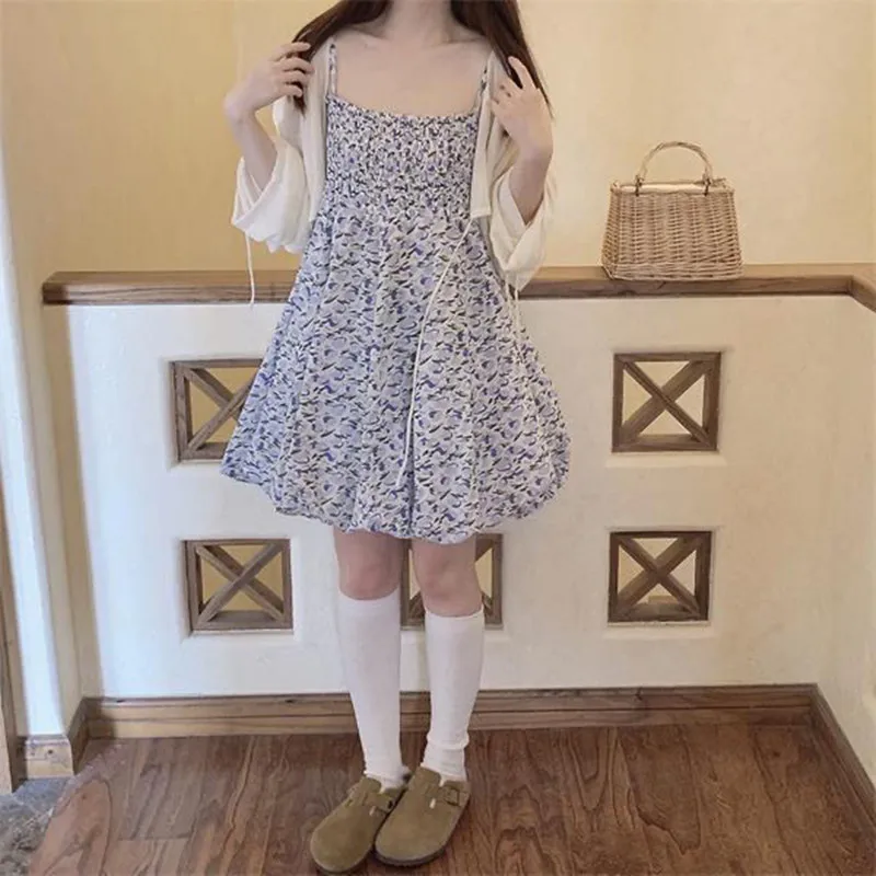 여름 여자 드레스 꽃 느슨한 접기 슬링 가운 높은 허리 a 라인 빈티지 한국어 스위트 드레스