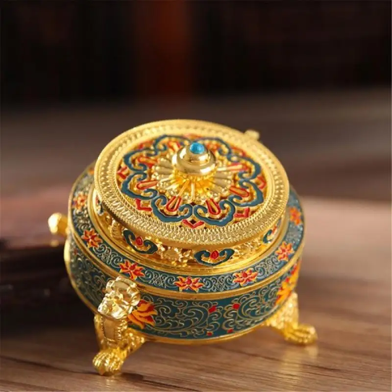Golden Tibetan Incense Burner Holder for Sticks Cones Coils, Metal Lotus Decor