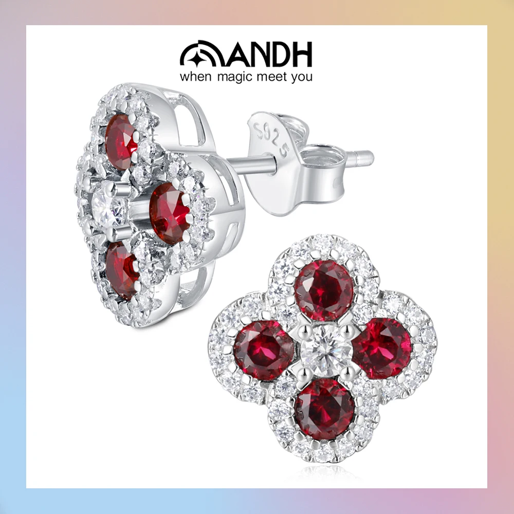 

ANDH Cultivate Ruby Four-leaf Clover Stud Earrings Moissanite Diamonds Sparkling Women's Earrings Jewelry 925 Sterling Silver