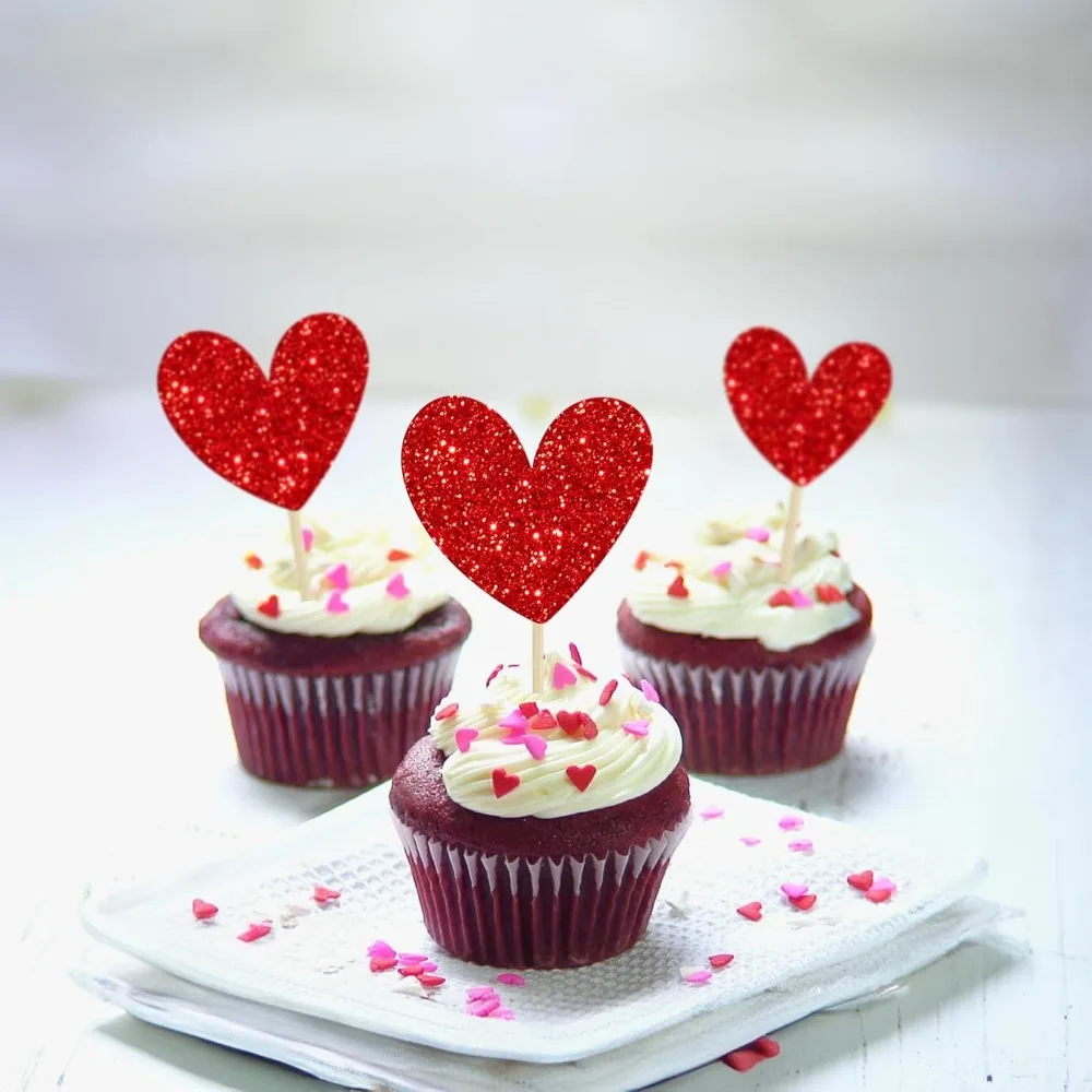 24 Stück rote glitzernde Herz-Cupcake-Topper, Valentinstag und Hochzeit, Verlobung, Geburtstag, Party-Dekoration – Detail 6