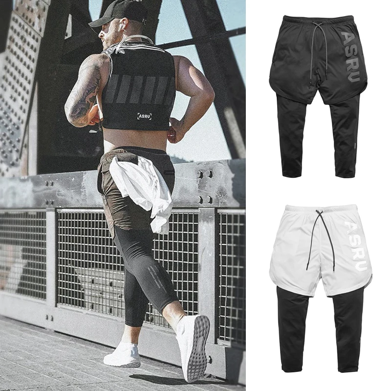 Men 2 in 1 Sport Leggings Shorts Quick Dry Fit Running Training Pants Gym Workout Ankle-Length Trousers Joggers Fitness Tights