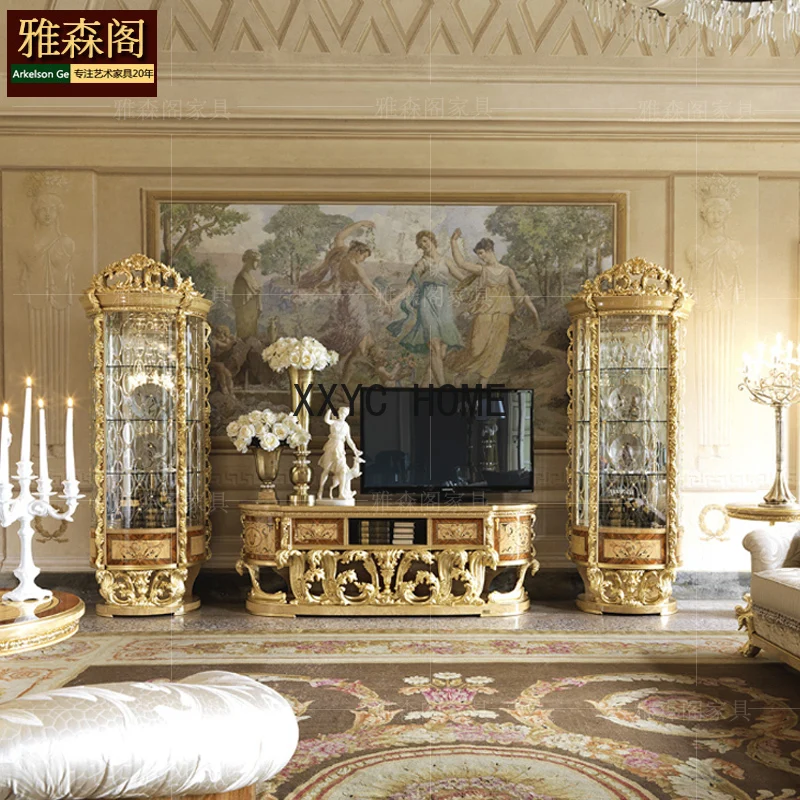 European solid wood carved TV cabinet French luxury combination custom set gold leaf cabinet parquet decorative cabinet wine cab