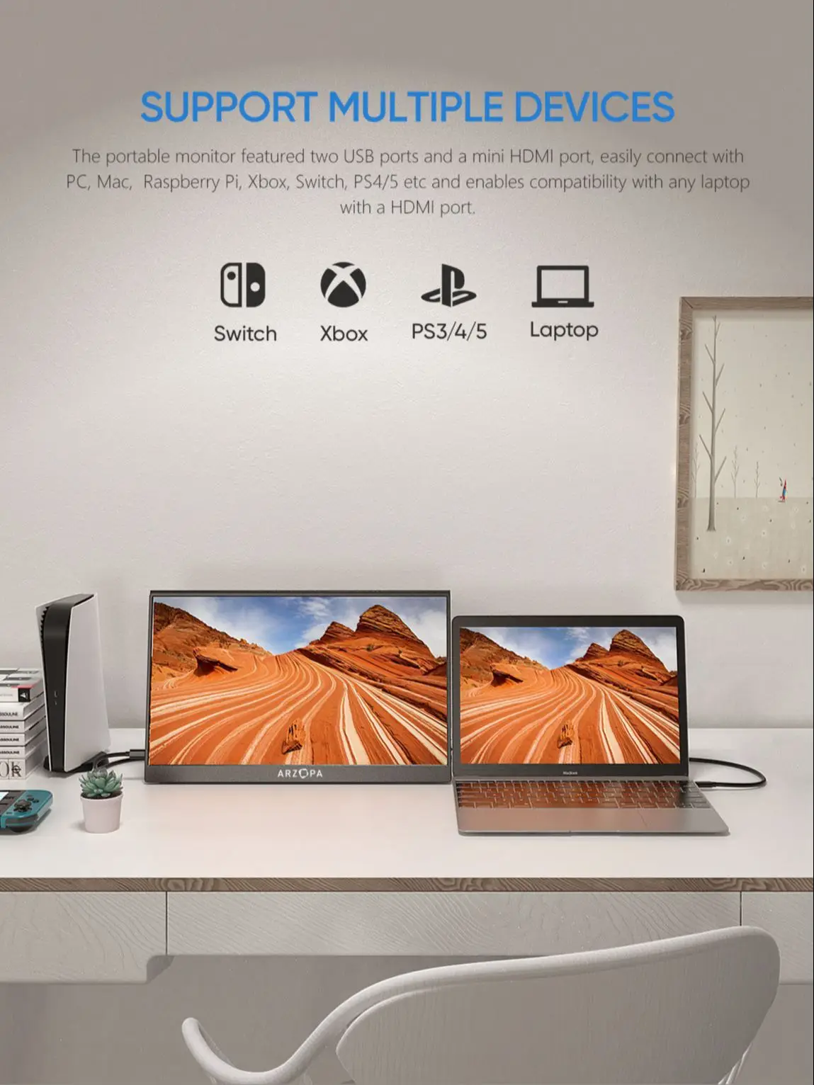 ARZOPA 16/16,1 cala, 1/2,5k, 60/144 Hz Przenośny Monitor IPS Mini-HDMI Zewnętrzny Drugi Ekran do Mac Laptopa PC Switch Xbox PS4/5 — zdjęcie produktu 7